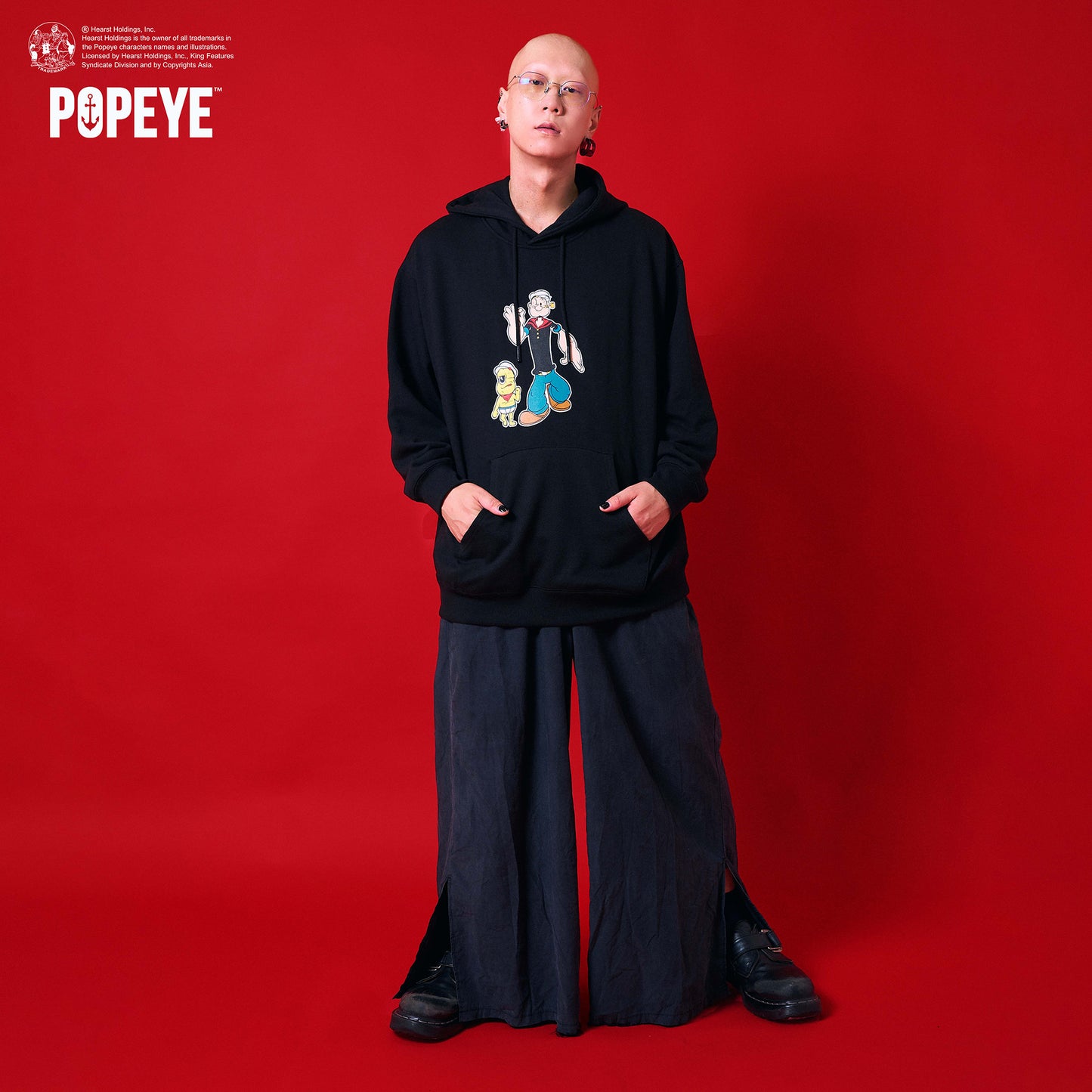 【POKOPEA　Collaboration】POPEYE™ x オシャレになりたい！ピーナッツくん　Illustration Pullover Hoodie　Black（L）