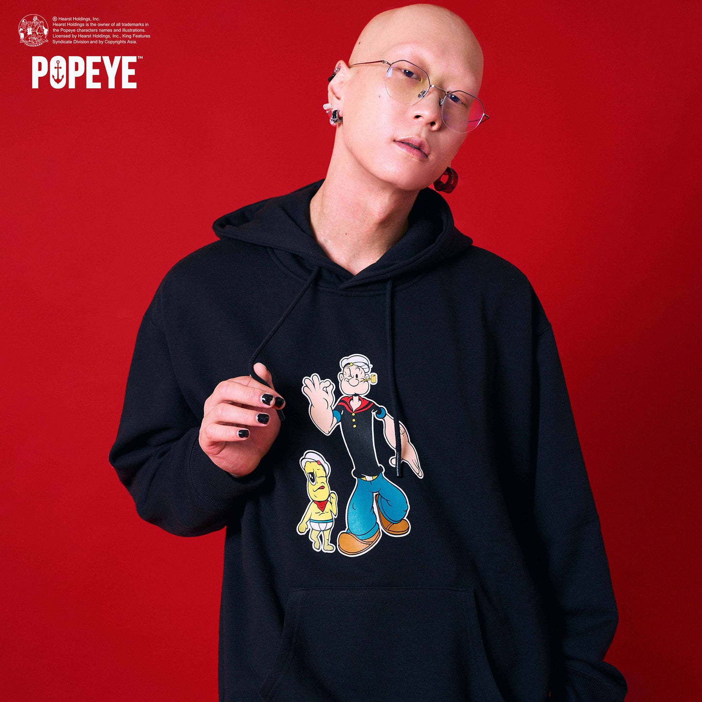 【POKOPEA　Collaboration】POPEYE™ x オシャレになりたい！ピーナッツくん　Illustration Pullover Hoodie　Black（M）